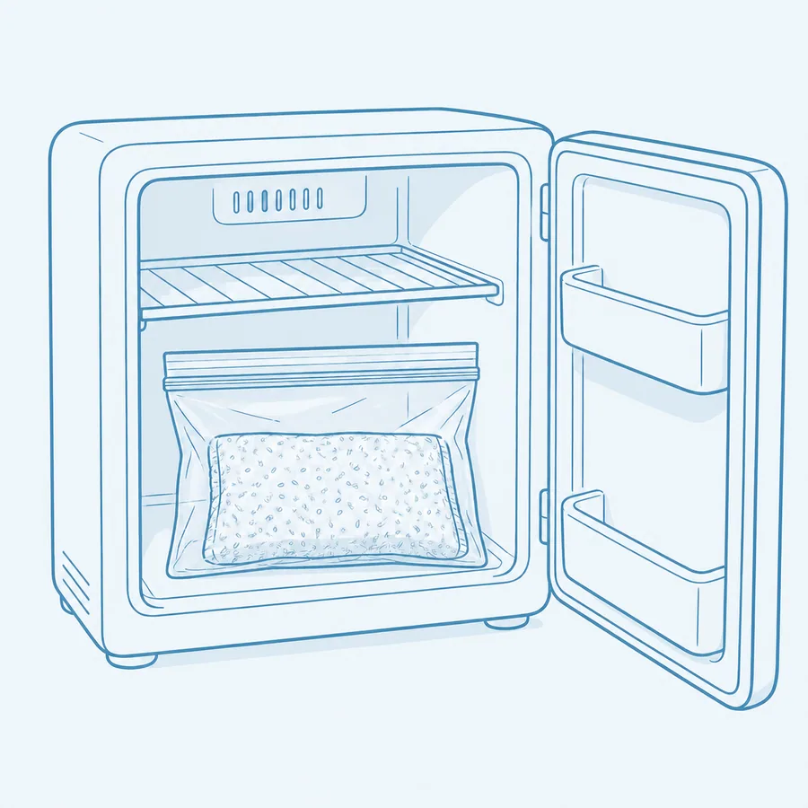 Ilustración de una compresa dentro de una bolsa cerrada en el congelador