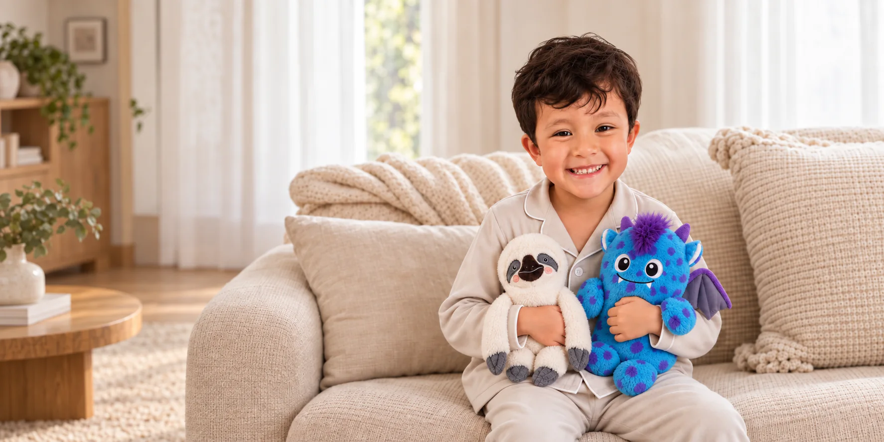 Niño abrazando las compresas Yuyu y Apu de APAPACHO